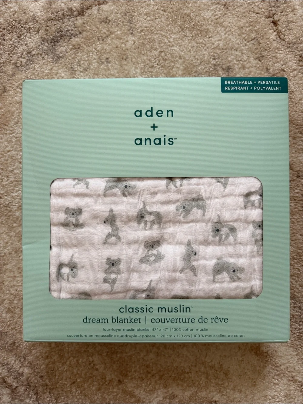 aden + anais Classic Muslin Dream Blanket - White with Gray Animal Motif